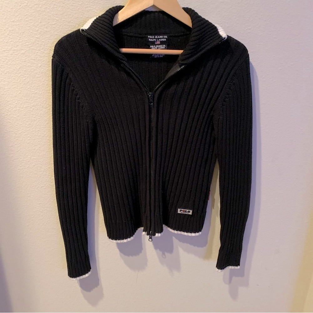 Vintage Ralph Lauren Polo Jeans Co Black with White Trim Double Zip Sweater